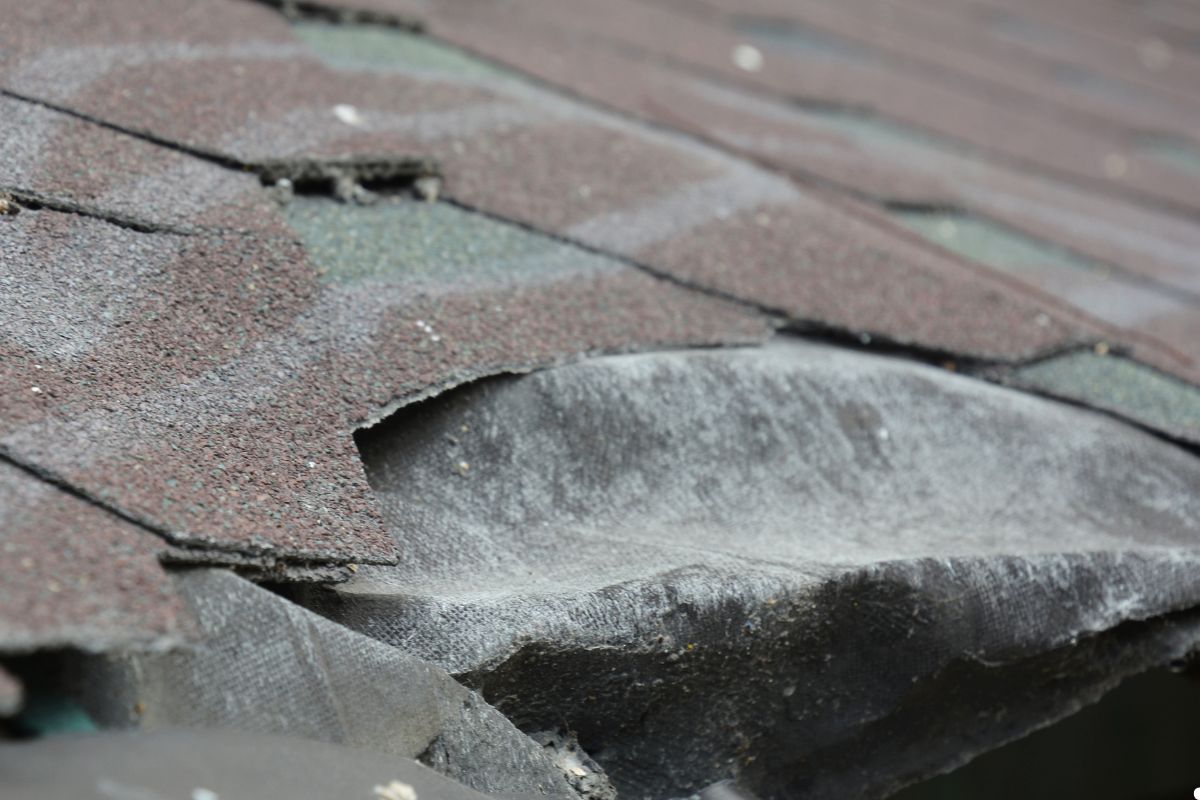 Roof with a visible hole and a broken shingle, indicating damage and potential need for repair.